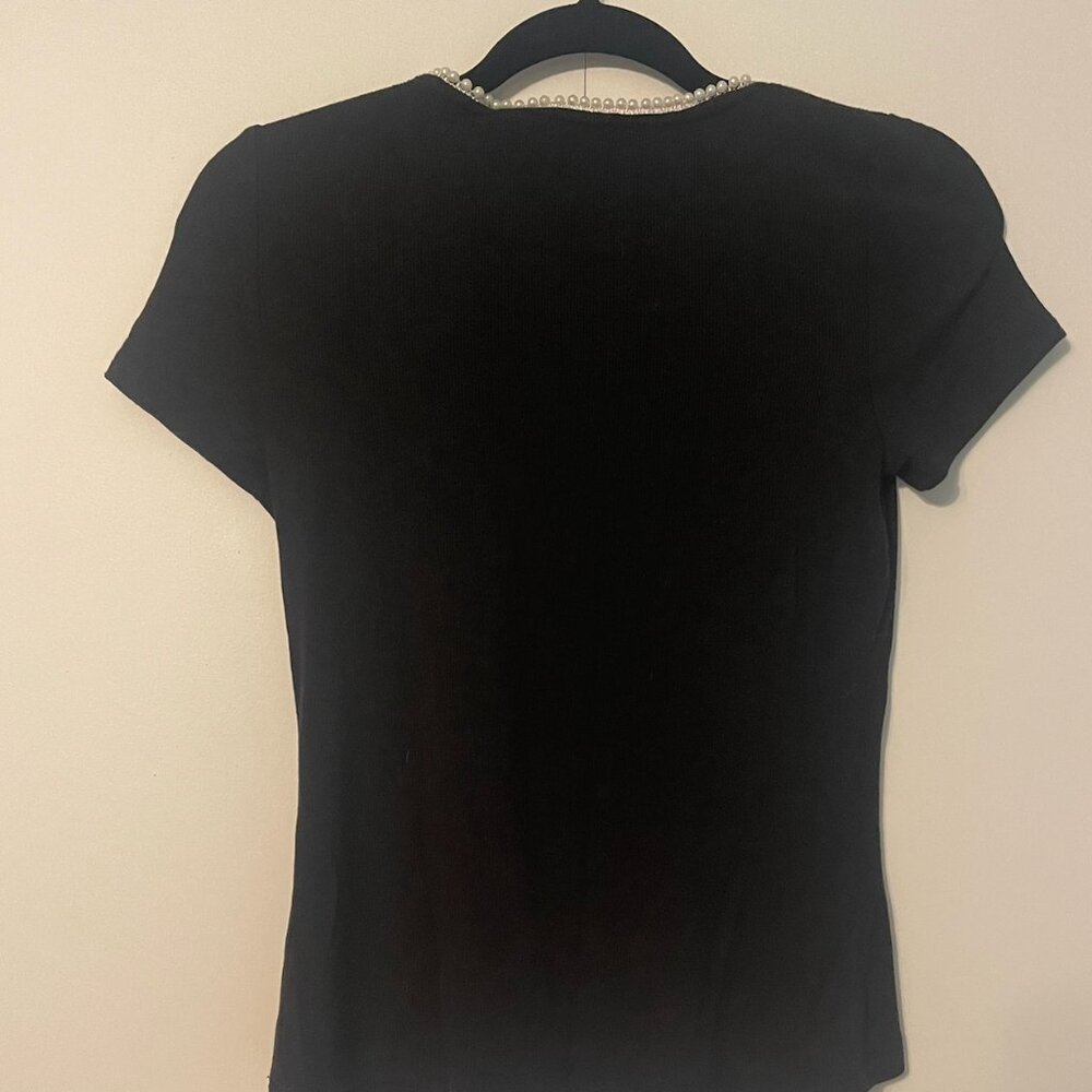 Black Ribbed Short Sleeve Top with Pearl Neckline - Picture 3 of 5